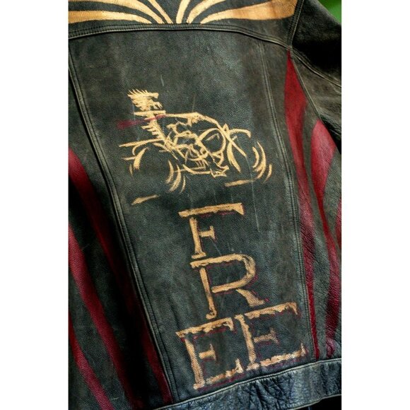 Vintage smoke gray distressed leather bomber jacket rivet closures hand painted - Picture 6 of 13